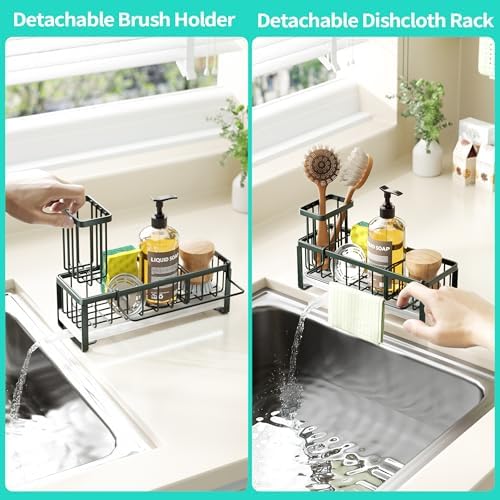 HapiRm Sponge Holder for Kitchen Sink - Self-draining Sink Caddy with Brush and Dishcloth Holders, Stainless Steel Kitchen Organizer for Countertop - Green - Image 3