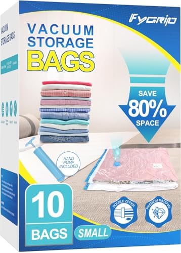 Fygrip 80% Space Saver Vacuum Storage Bags with Hand Pump, 10 Small | Plastic Packaging Bags, Vacuum Seal Bags for Clothing, Travel Lugggage, Blankets, Comforters by Fygrip