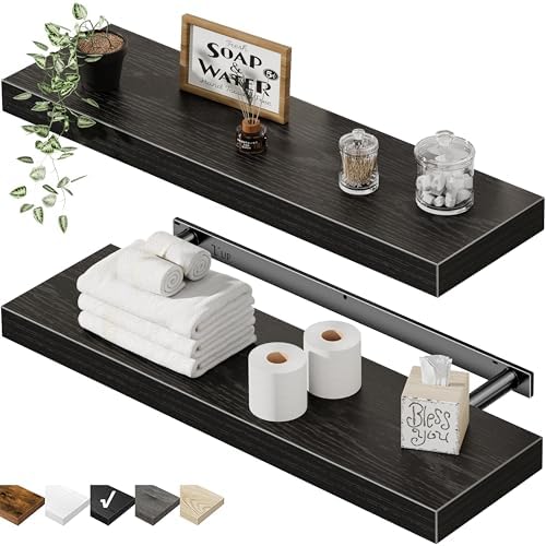 QEEIG Floating Shelves for Wall 23.6" Long - Wall Mounted Shelf Bathroom Kitchen Living Room Bedroom Farmhouse Home Decor Display Bookshelf Large 23.6 x 9.3 inch Set of 2, Black (008-60B) by QEEIG