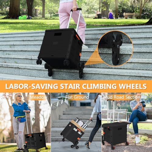 Foldable Utility Cart with Stair Climbing Wheels,Collapsible Rolling Crate with Magnetic Lid Telescopic Cover,Telescoping Handle,360° Rotate Wheel Hand Cart for Teacher Shopping Moving Grocery(Black) - Image 5