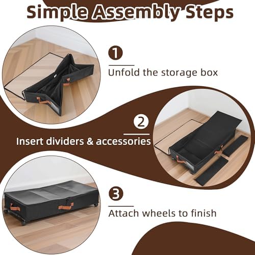 VECELO Under Bed Storage with Wheels, 2 Pack Fully Enclosed Zippered Dust Cover Bins with Clear Lids, Metal Frame and Ultra Thick Fabric Underbed Storage Organizer, Shoe Storage Box, Black - Image 6