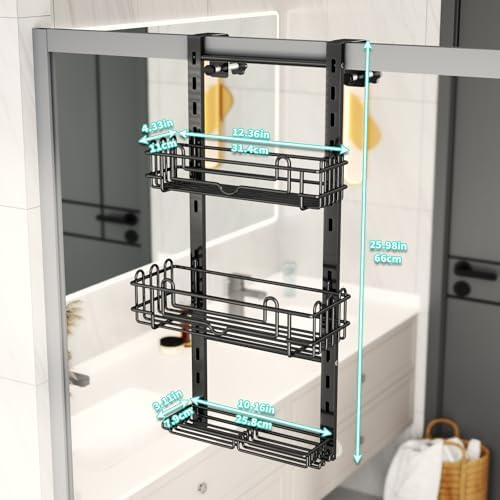 HapiRm 3 Tier Over the Door Shower Caddy, Hanging Shower Caddy with 16 Hooks and 2 Soap Holders, No Drilling Adjustable Hanging Bathroom Organizer - Black - Image 6