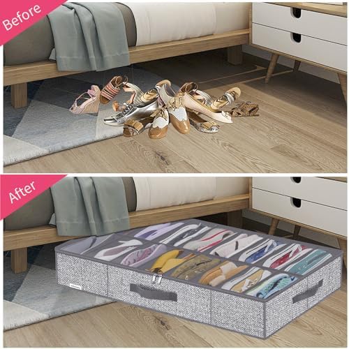 Onlyeasy Sturdy Under Bed Shoe Storage Organizers with Handles & Clear Window (16 to 32 Pairs) 2 Pack, Closet Shoes Containers Boxes for Kids & Adults, 37.7"x23.6"x5.9", Linen-like Grey, MXDUBS16P2 - Image 3