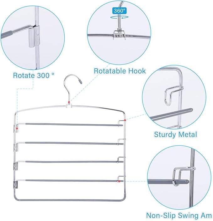 Pants Hangers 6 Pack 5 Layers Multi Functional Pants Rack Swing Arm Space Saver Hanger for Trousers Jeans Towels Scarf （Grey） - Image 3