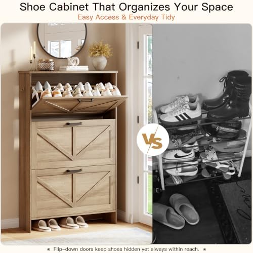 Nicetree Shoe Cabinet for Entryway, 3 Flip Drawers Shoe Storage Cabinet with 3-Tier Adjustable Shelves, Ultra Slim Freestanding Hidden Shoe Organizer with Barn Door Design, Caramel Brown - Image 6