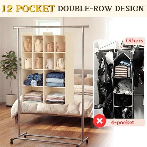 4 Tier Hanging Closet Organizer, 12 Compartments Dual Row Storage, Beige | Closet Organizers and Storage with Large & Small Cubbies, 3 Sturdy Hooks Support Heavy Loads, for Dorm, RV, Garment Rack - Image 4