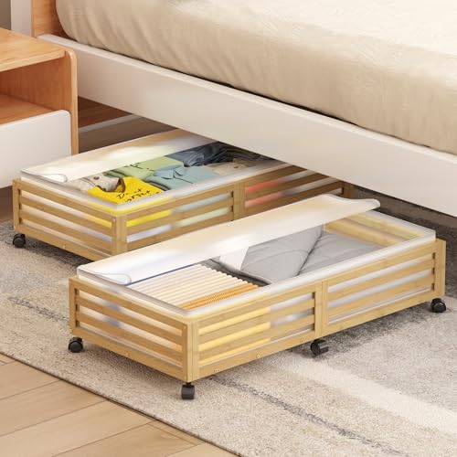 Under Bed Storage with Wheels-Large Bamboo Underbed storage Containers with Large Dust Bag Stackable Under the Bed Shoe Storage Bins for Clothes Books Bedding (2 Packs Nature, 33.07"L×16.54"W× 6.5"H) - Image 6