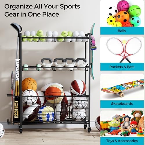Sports Equipment Storage Rack with Wheels, 3-Tier Ball Organizer - Image 5