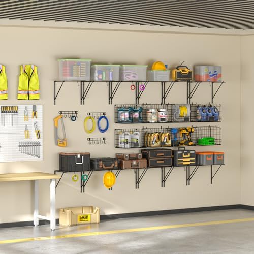 ThreeHio 2 Pack Garage Shelves Wall Mounted with Wire Baskets, Heavy Duty Garage Wall Shelving with Hooks, Wire Shelf Baskets Tool Organizer for Home Garden Garage Organization and Storage - Image 5