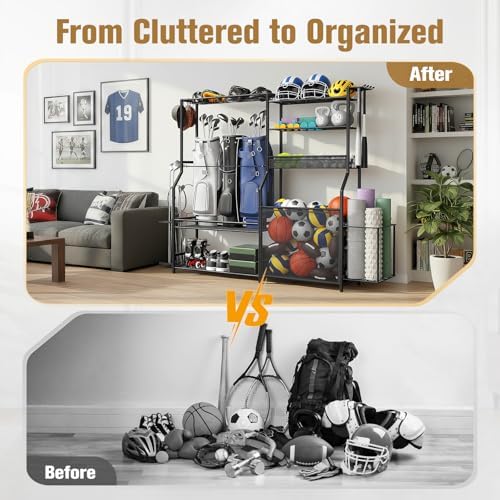 Garage Sports Equipment Organizer, 3 Golf Bag Organizer Stand Heavy-Duty Ball Storage Rack with Basket and Hooks, Ball Storage Cart for Toy Sports Gear Storage, Black - Image 4
