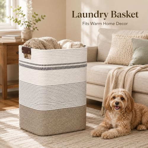 Laundry Hamper, Cotton Rope Laundry Basket with Leather Handles, 22.5-Gallon/85 L Large Clothes Hampers for Laundry, Woven Laundry Baskets for Blankets, Clothing, Bedroom, Living Room, Nursery - Image 4