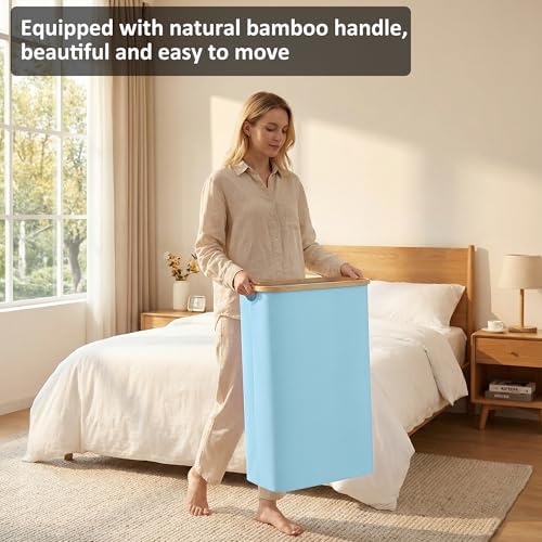 Slim Laundry Basket,60L Laundry Hamper with Lid, Tall Hamper for Laundry,Dirty Cloth Hamper with Bamboo Handle for Toys,Towels, Clothes Organizing, Light Blue - Image 5
