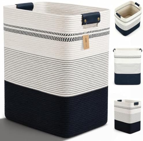 Laundry Hamper, Cotton Rope Laundry Basket with Leather Handles, 21.1-Gallon/80 L Large Clothes Hampers for Laundry, Woven Laundry Baskets for Blankets, Clothing, Bedroom, Living Room, Nursery by ARATECHOME