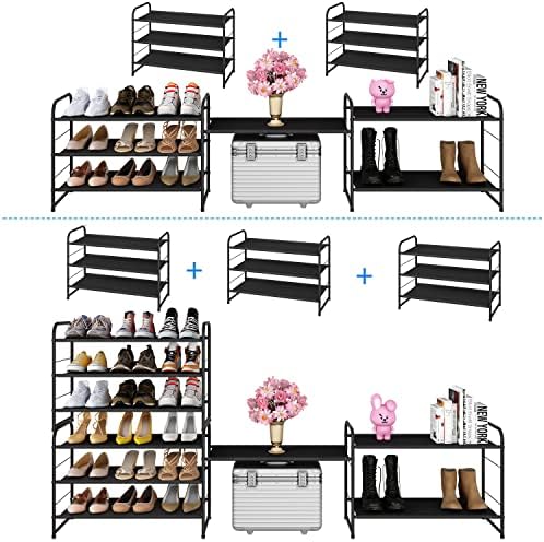 Simple Trending 3 Tier Stackable Shoe Rack, Expandable Adjustable Fabric Shoe Shelf Storage Organizer, Black - Image 6
