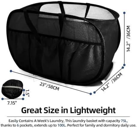 2 Pack Collapsible Laundry Baskets, Upgrade Pop Up Laundry Hamper with Convenient Bags, Foldable Laundry Basket Mesh Light Weight, Easy to Carry Clothes Hampers for Laundry, Dorm, Travel Black+Grey - Image 3