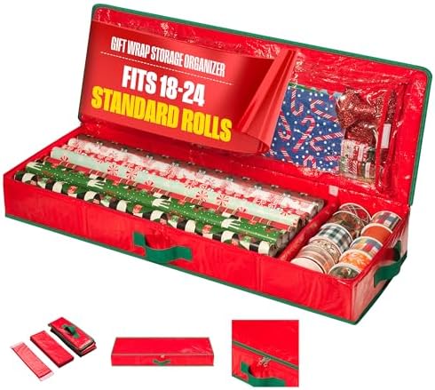 Handy Laundry Gift Wrap Storage Organizer, Easily organize Wrapping Paper, Ribbons, Bows, Scissors, Fits 18-24 Standard Rolls, Keeps Gift Supplies in Perfect Condition & Ready for Next Season, (Red) by Handy+Laundry