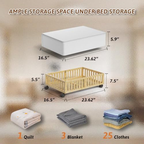 MHXW SXPN 2 Pack Bamboo Under Bed Storage Containers with Wheels, Nature | Underbed Drawer Storage with Bag, Wood Rolling Underbed Organizer for Shoes, Sheets Clothes Blanket Comforter, Under Crib Toy - Image 2