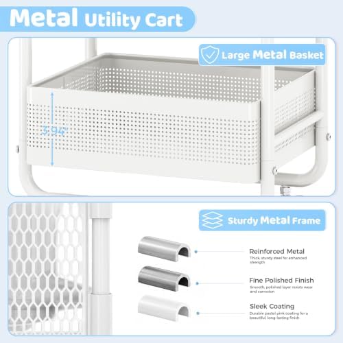 Metal Rolling Storage Cart with 3 Drawers - Utility Cart on Wheels with Pegboard & Wood Tabletop, Multifunctional Trolley Organizer with Hooks & Bin for Living Room,Bedroom,Craft Room,Office,Kids Room - Image 5