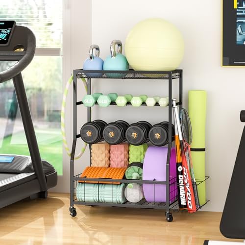 Home Gym Storage Rack, Dumbbell Rack with Yoga Mat Storage, Weight Rack Stand with Lockable Wheels and Hooks, Home Workout Equipment Organizer for Yoga, Dumbbell, Kettlebells, Ball Storage - Image 5
