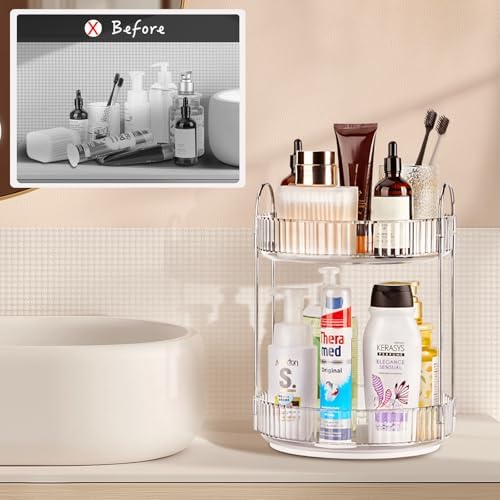 360 Rotating Makeup Organizer, 2 Tier Lazy Susan Bathroom Counter Organizer, Skincare Organizers, Spinning Perfume Organizer & Vanity Organizer Countertop (Silver Clear, 2 Tier) - Image 2