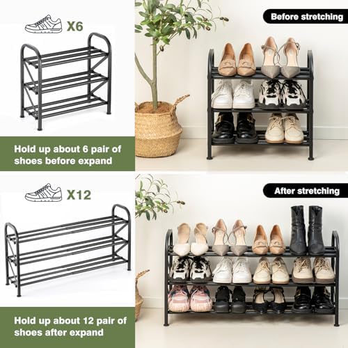 3 Tier Expandable Shoe Rack for Closet, Adjustable Small Shoe Organizer Storage, Heavy Metal Free Standing Narrow Shoe Racks for Entryway, Garage, Doorway Black 16"-33" - Image 4
