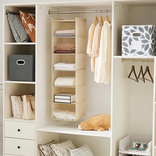 MAX Houser 6 Tier Shelf Hanging Closet Organizer with 2 Hooks, Beige | foldable lightweight fabric closet storage, space-saving design for Bedroom, Closet Hanging Shelf for Storage - Image 5