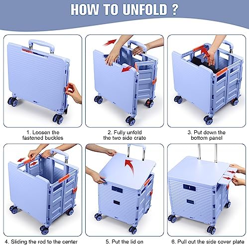 Foldable Utility Cart Folding Portable Rolling Crate with Magnetic Extended Lid,360°Rotate Wheels,176LBS Load Capacity,Heavy Duty Durable Dolly Cart for Teacher Tourist Shopping Office Outdoor - Image 3