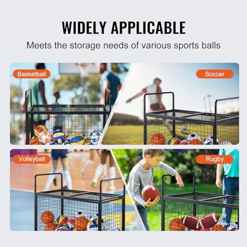 VEVOR Rolling Sports Ball Storage Cart, Lockable Basketball Cage with Double Lids, Sport Equipment Holder Organizer for Indoor Outdoor, Steel Storage Rack for Garages, Playgroup, Gym and Schools - Image 6