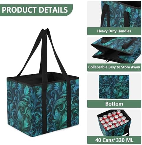 Trunk Organizer Collapsible Car Organizer with Handle Car Storage Box Bin for Groceries SUV Utility Tote Bag Portable Vehicle Container Teal and Black Damask - Image 3