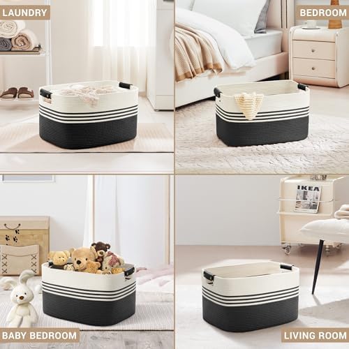 60L Woven Laundry Basket Hamper with Leather Handles,Black - Image 4