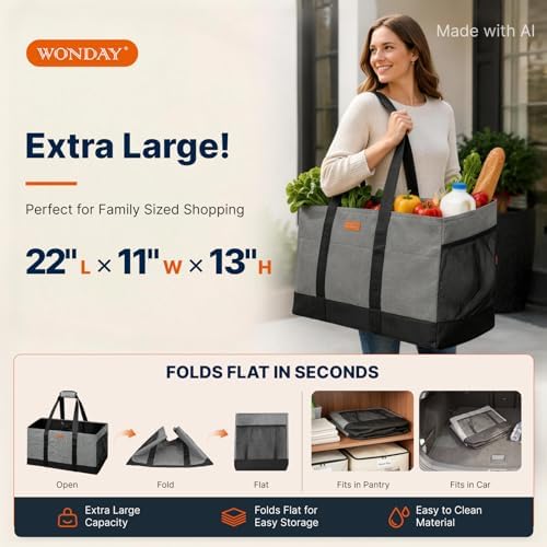 WONDAY Grey Foldable Utility Tote Bag, Reusable Grocery Bag - Image 4