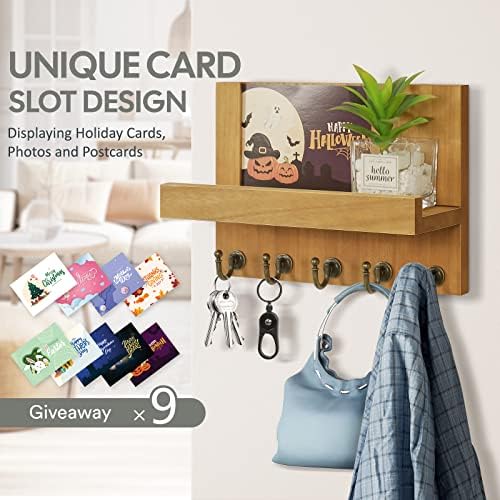 HONJIN Farmhouse Wall Key Holder for Wall : Holiday Card Slot Design Wooden Mail Organizer Wall Mount Dog Leashes Holder Hanger (Light Brown) - Image 2