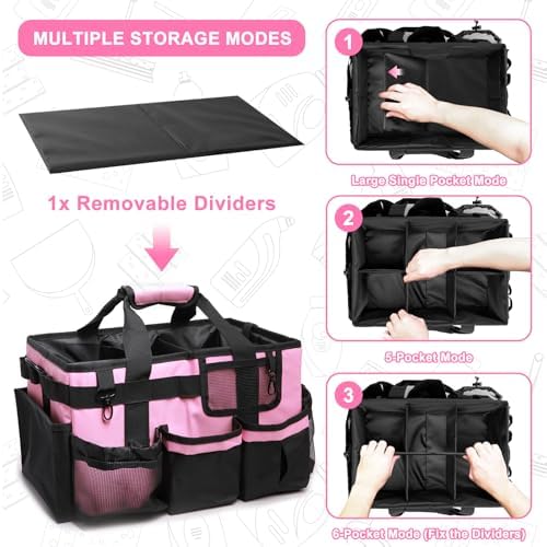 Large Wearable Cleaning Caddy Bag, Pink Tool Bag with Adjustable Shoulder Straps & Divider, 14 inch Cleaning Supplies Organizer for Housekeepers & Cleaners - Image 3