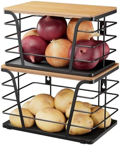 2 Pack Potato and Onion Storage Bins, Stackable Kitchen and Pantry Organizer with Bamboo Top & Lightweight PP Mat, for Vegetables, Fruit, Onion, Potato, Garlic - Pantry, Kitchen Storage Bins (Black) by TrashBagHolder