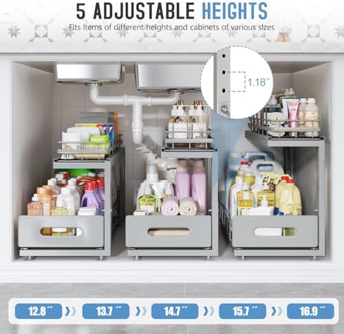 Under Sink Organizer Upgrade To Professional Rails,2-Tier Dual Pull Out Cabinet Storage,Height Adjustable Slide Out Drawers For Bathroom Kitchen,2 Pack-14.5"Dx12.8"-16.9"H,Gun Gray - Image 5