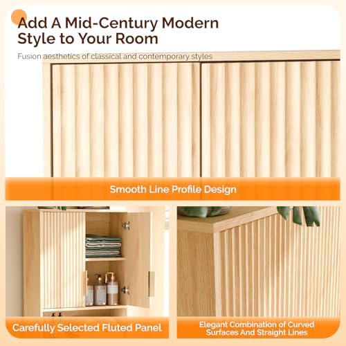 VINGLI Over The Toilet Storage Cabinet with Fluted Doors, Mid Century Modern Bathroom Organizer Over Toilet, Freestanding Wooden Space Saver Stand with Adjustable Shelves, Natural Oak - Image 5