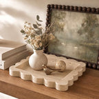 Decorative Scalloped Tray - Beautiful Travertine Stone Inspired 8"x8" Vanity Tray for Jewelry, Perfume and Trinkets - The Perfect Resin Decor Accent for Any Bathroom, Nightstand & Marble Coffee Table by KIBAGA