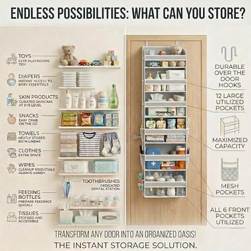 HOMELUX THEORY Over the Door Organizer, 6-Tier, 100D Fabric, Light Gray 2pc | Over the door shoe organizer, 50 lbs capacity, 12 side mesh pockets, 100D extra thick fabric, Closet & entryway storage - Image 6