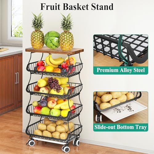 SAYZH 5-Tier Fruit and Vegetable Basket Stand for Kitchen, Wood Top, Black - Image 2