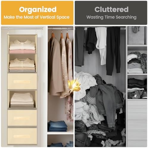 Hanging Closet Organizer 6-Shelf with 3 Drawers & Side Pockets, Closet Organizers and Storage for Dorm, Nursery & Wardrobe Organization, Hanging Shelf Clothes Organizer for Sweaters, Shoes, Beige - Image 6