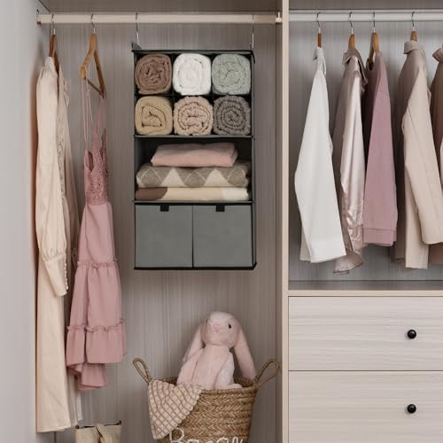 GRANNY SAYS 4-Shelf Hanging Closet Organizer with Drawer, Foldable Storage | Dividers Closet Hanging Organizer, No-Sag Support, Keeps Clothes Neat, Folds Flat, Fits RV, Dorm & Small Closets, Grey - Image 2