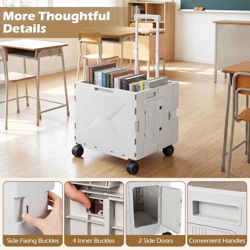 Goplus Foldable Utility Cart, Portable Rolling Crate Handcart with 4 Rotate Wheels, Telescoping Handle, Lid & Cup Holder for Travel, Shopping, Luggage, Grocery, Office & Teacher (White) - Image 7