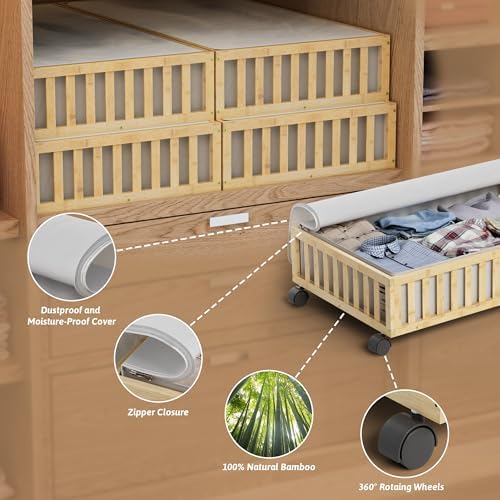 2 Pack Large Bamboo Under Bed Storage Containers with Wheels, Nature | Underbed Drawer Storage with Bag, Wood Rolling Underbed Organizer for Shoes, Sheets Clothes Blanket Comforter, Under Crib Toy - Image 2