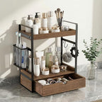 2-Tier Bathroom Counter Organizer with Drawer Basket and Hooks, Wood Bathroom Organizers and Storage for countertop, Farmhouse Dark Brown Countertop Organizer, Counter Shelf for Vanity Kitchen Office - Image 2