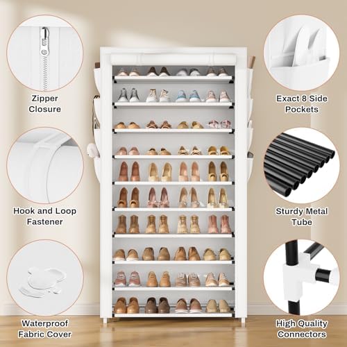 VTRIN Tall Shoe Rack with Cover, 10 Tier Shoe Organizer Storage for 50-55 Pairs Shoes and Boots Large Capacity Shoe Shelf with 8 Pockets Free Standing Shoe Rack for Closet, Entryway, Garage, White - Image 4