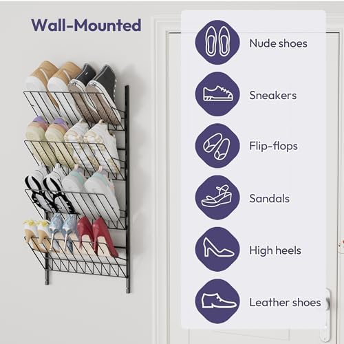 SWTYMIKI Over the Door Shoe Organizer - Adjustable 4 Tier Hanging Shoe Rack Organizer, Metal Heavy Duty Behind Door Storage or Wall Mount Shoes Shelf for Flats, Heels, Sneakers, Boots Black - Image 5