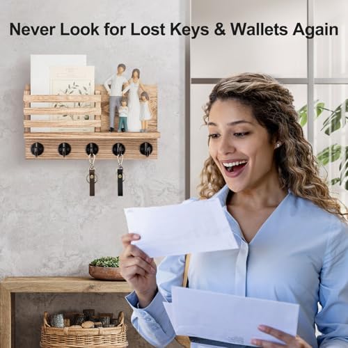 Lwenki Key Holder for Wall – Decorative Wooden Mail Holder and Key Shelf with Mounting Hardware, Installation Guide – Paulownia Wood with Metal Key Hooks (Wood, Large - 11.8inch) - Image 6