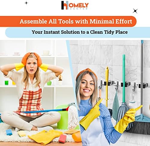 Homely Center Mop and Broom Holder Wall Mount – Heavy-Duty Closet Organizer for Garage, Kitchen, Laundry Organization – Tool Hanger with 3 racks and 4 hooks - Image 5