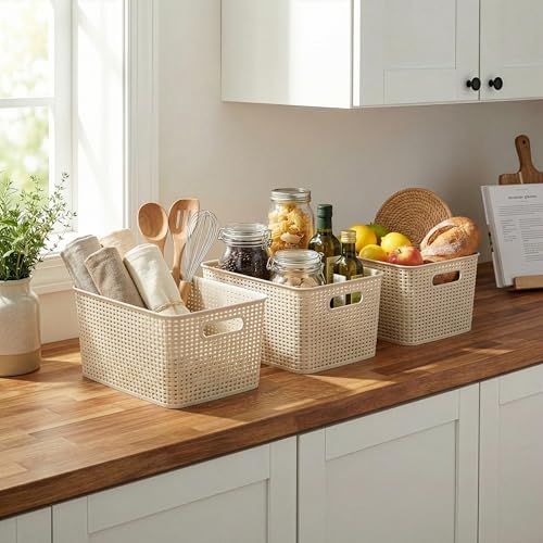 BINO | Plastic Storage Baskets, 22 Liter - 3 Pack, Natural Grey | THE WOVEN COLLECTION | Storage Basket for Shelves | Woven Storage Baskets for Organizing Bins | Pantry Shelf Organizer | Container Bin - Image 3