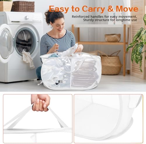 Durable Collapsible Foldable Mesh Pop Up Laundry Basket, 2 Compartments Easy to Carry & Sort Clothes Hampers for Home, Dorm, Travel White - Image 5